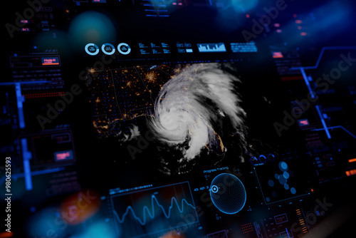 Fototapeta Naklejka Na Ścianę i Meble -  Tropical storm in U.S. Satellite view of hurricane on digital lcd display with reflection. Concept of super typhoon, cyclone, tropical storm, and windstorm. Elements of this image furnished by NASA