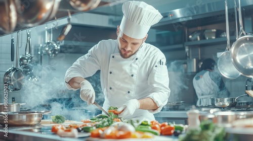 Chef Slicing Veggies in Busy Kitchen â€“ Professional Culinary Scene