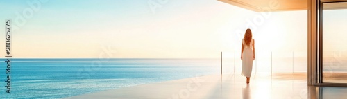 A serene moment by the ocean, featuring a figure walking towards the horizon under a warm, glowing sky.