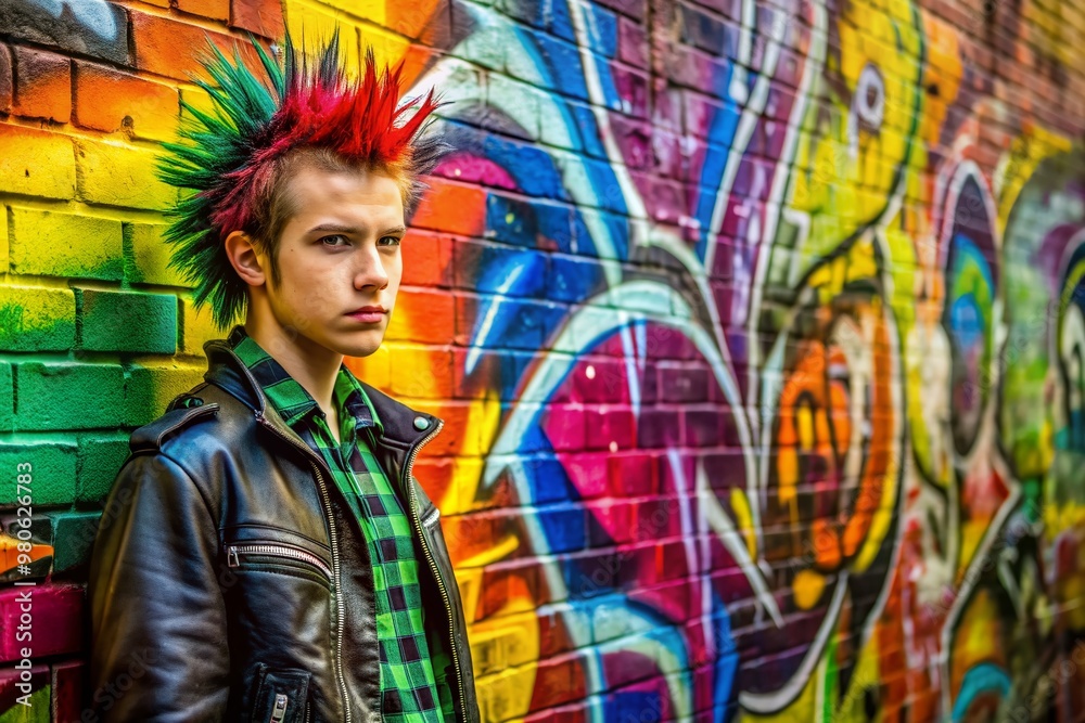 Fototapeta premium Vibrant graffiti wall with bold colors and rebellious slogans serves as a dynamic background for a potential portrait of young punk rock enthusiasts.