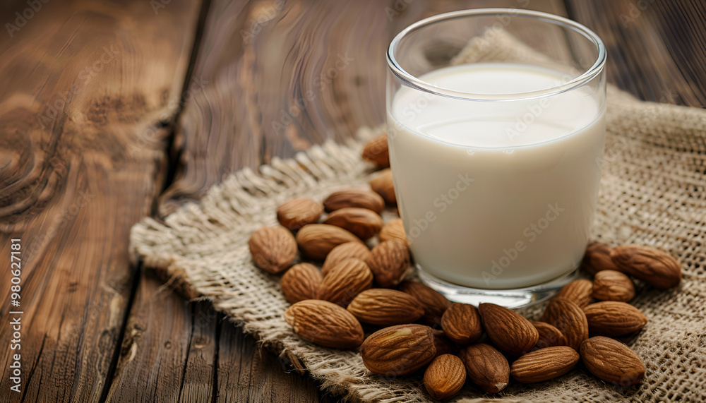 Glass of almond milk and almonds on wooden table Glass of almond milk and almonds on wooden table