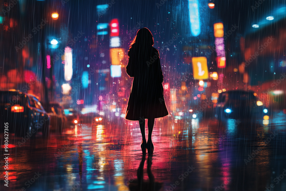 A woman in silhouette illustrattion walking on the city street at night and rain falling A woman in silhouette illustrattion walking on the city street at night and rain falling