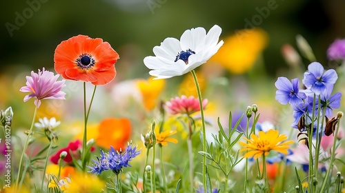 A close-up shot of a field of wildflowers in full bloom, with a vibrant array of colors and textures. The image captures the delicate beauty and diversity of the meadow ecosystem.