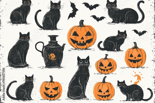 Spooky Halloween background with black cats, jack o' lanterns and bats