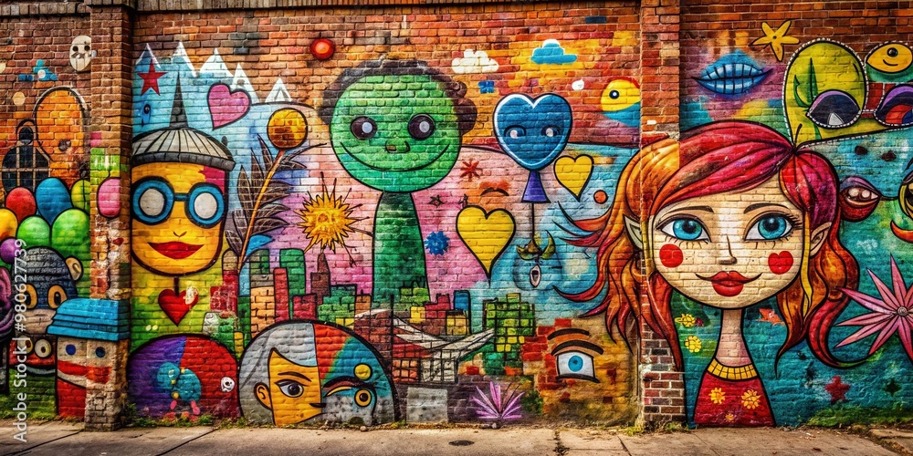 Fototapeta premium Vibrant splashes of colorful graffiti and whimsical drawings adorn a worn, textured brick wall, showcasing urban artistic expression in a lively, eclectic display.