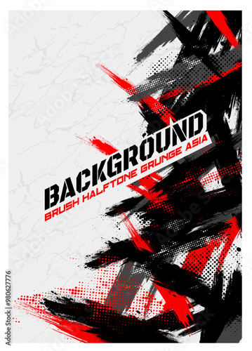 Sublimation jersey design vector modern grunge background camouflage paint splash splatter striking stripes spikes red grey Japanese calligraphy brush background