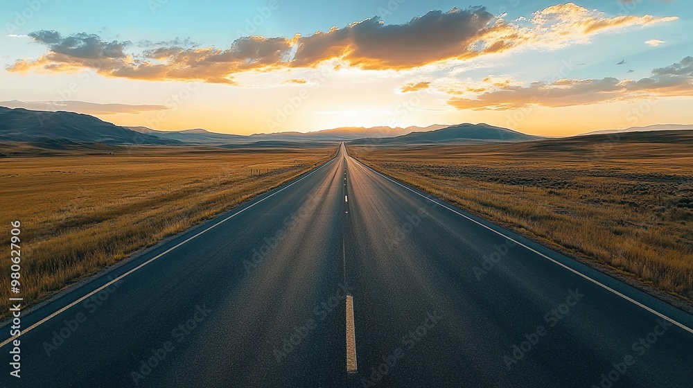 A long road in the middle of nowhere, with beautiful scenery on both sides and mountains visible at sunset. A long road in the middle of nowhere, with beautiful scenery on both sides and mountains visible at sunset.