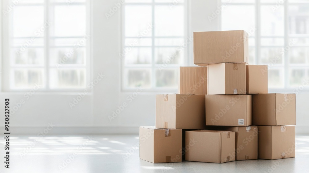 A stack of cardboard boxes in a bright, spacious room beside large windows, perfect for shipping or moving concepts. A stack of cardboard boxes in a bright, spacious room beside large windows, perfect for shipping or moving concepts.