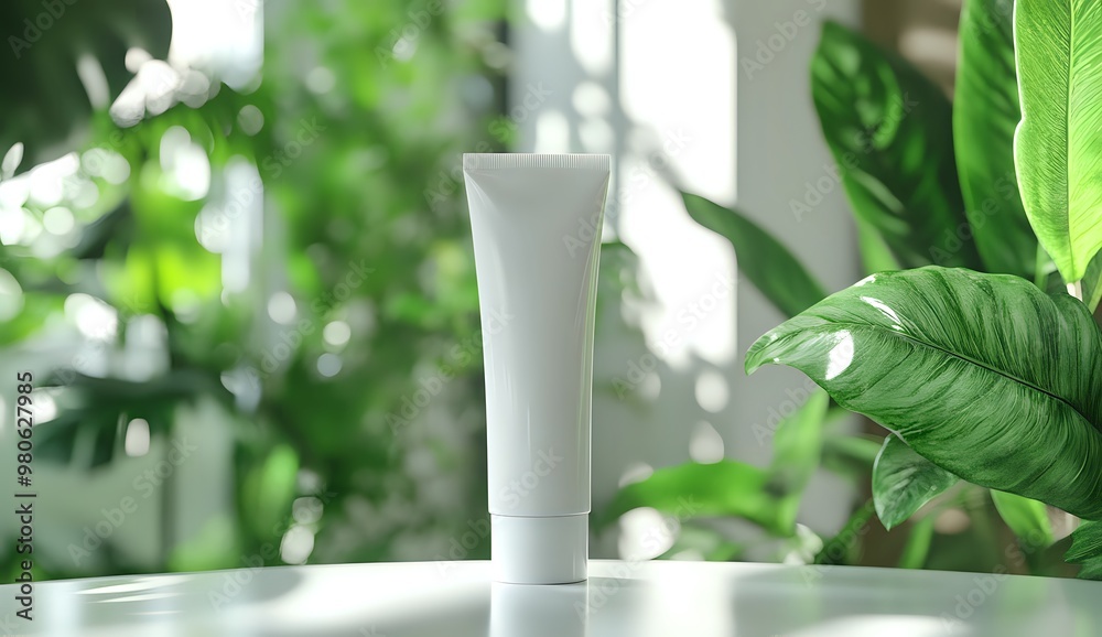 White tube of cream on a white surface with green foliage out of focus in the background. White tube of cream on a white surface with green foliage out of focus in the background.