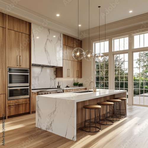 una cocina moderna de lujo con encimeras de mármol y electrodomésticos de acero inoxidable
