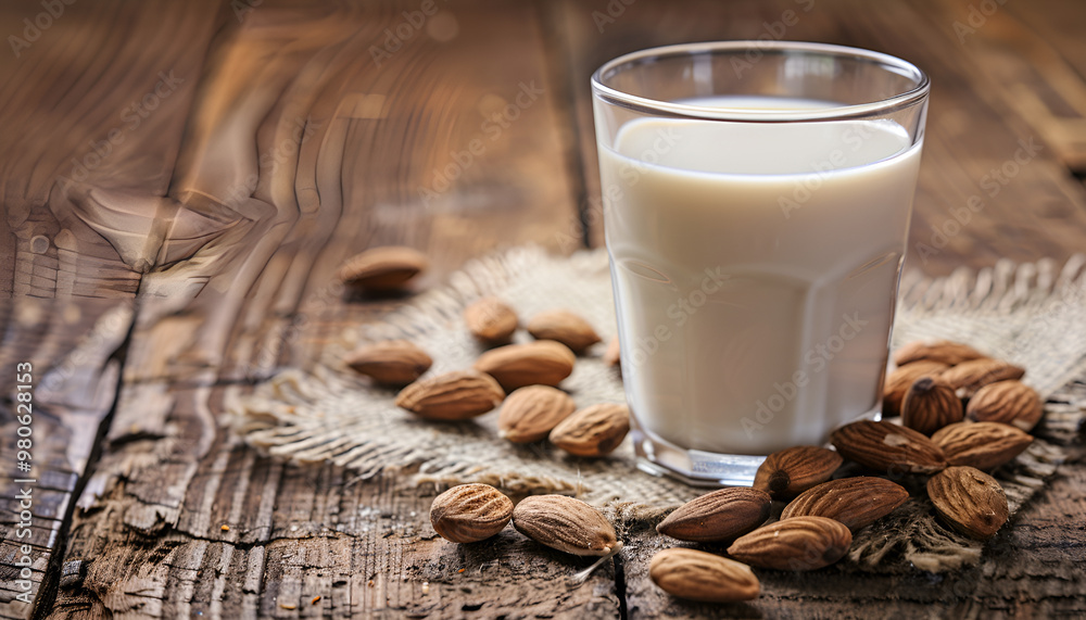 Glass of almond milk and almonds on wooden table Glass of almond milk and almonds on wooden table