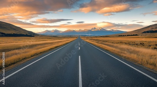 A long road in the middle of nowhere, with beautiful scenery on both sides and mountains visible at sunset. 