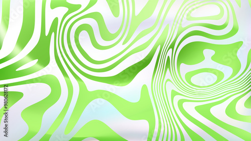 Abstract white green fluid swirl bg. Liquid line surface.