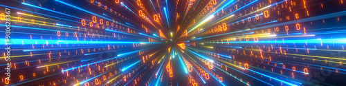 Information flow. Zeros and ones radiating from the center. Abstract background in blue and green neon glow color. Concept of digital data flow, 5G wireless transmission, AI, ML and neural network.