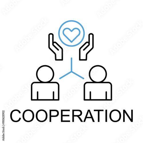 Vector icon for cooperation. Three people with hearts, representing teamwork, mutual support, and collaborative effort in monoline style.