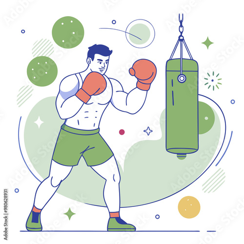 Muscular man boxing energetically with a punching bag in a vibrant training environment photo