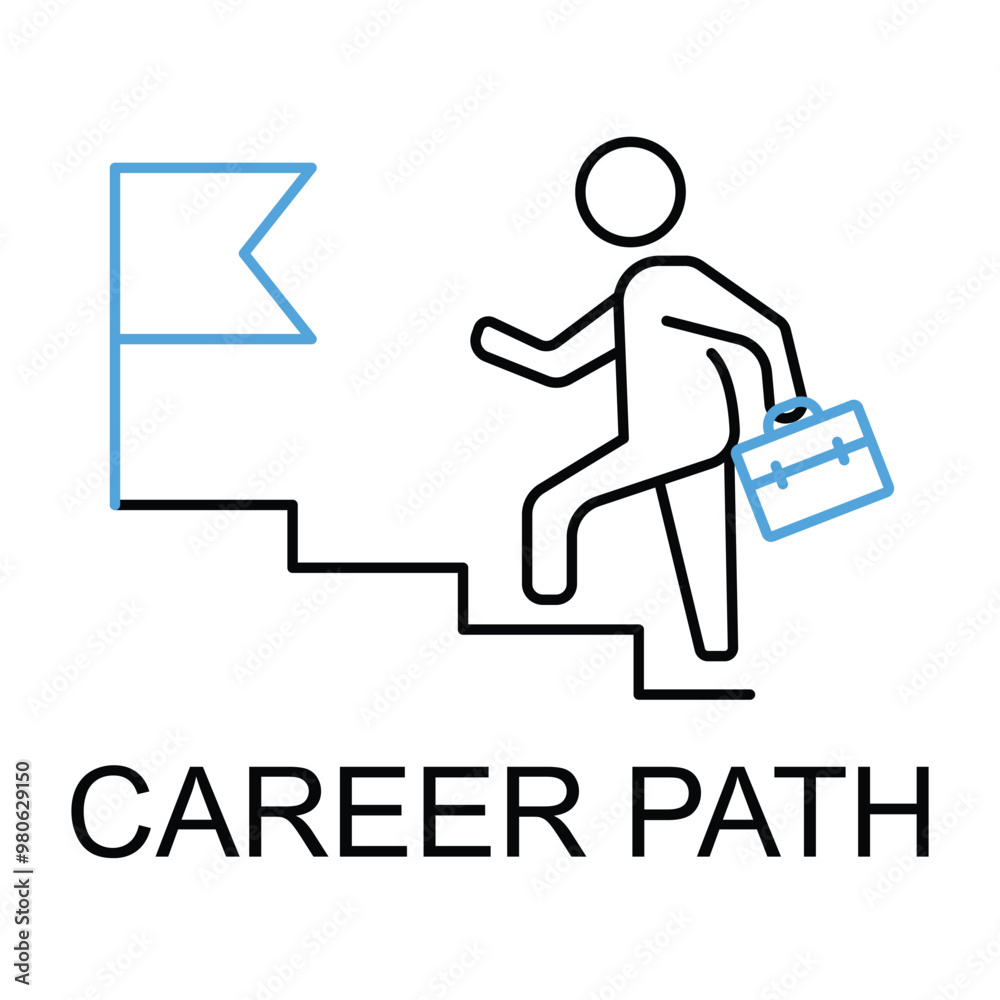 Vector icon for career path. A person climbing steps towards a flag, representing career progression, growth, and professional goals in monoline style. Vector icon for career path. A person climbing steps towards a flag, representing career progression, growth, and professional goals in monoline style.