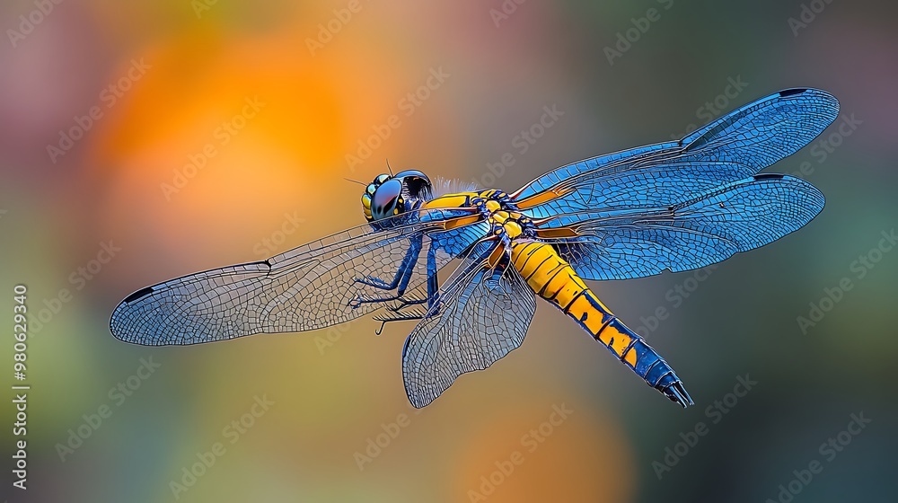 A blue dragonfly with yellow stripes hovers in mid-air, its wings spread wide. A blue dragonfly with yellow stripes hovers in mid-air, its wings spread wide.