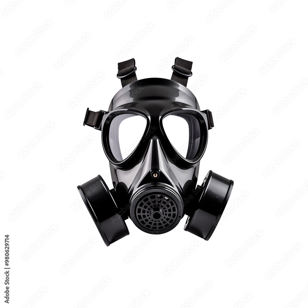 Black Gas Mask: A close-up of a black gas mask, featuring a full-face respirator with two large filters on the sides. highlighting its protective features. Black Gas Mask: A close-up of a black gas mask, featuring a full-face respirator with two large filters on the sides. highlighting its protective features.