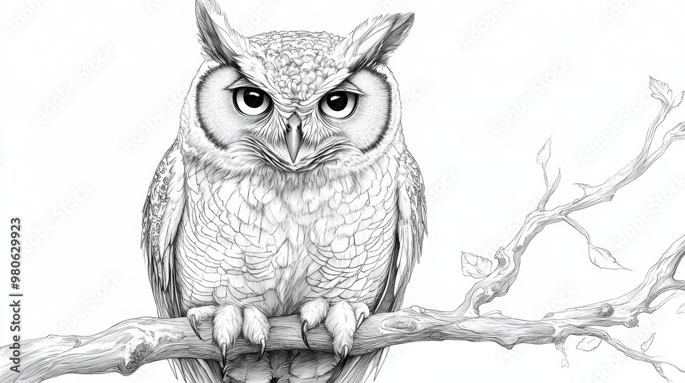 8. A black and white line art illustration of an owl perched on a ...