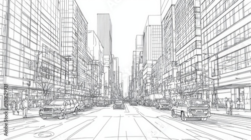 16. A black and white line art illustration of a city street with cars, pedestrians, and buildings, drawn with clean lines and sharp angles, capturing the essence of urban life
