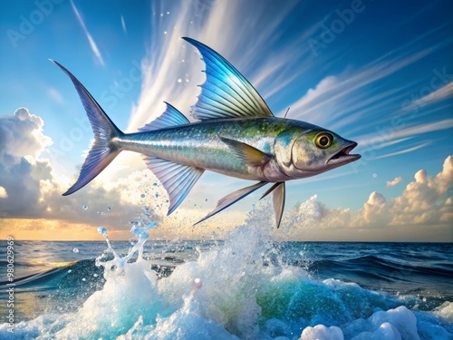 Flying fish gliding through the air just above the ocean's surface, their iridescent scales shimmering in the sunlight, with ocean waves and sea spray in the background. photo