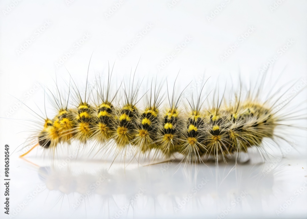 Caterpillar slowly crawling on a pure white background, its fuzzy body and many legs creating a sense of texture and movement. Caterpillar slowly crawling on a pure white background, its fuzzy body and many legs creating a sense of texture and movement.