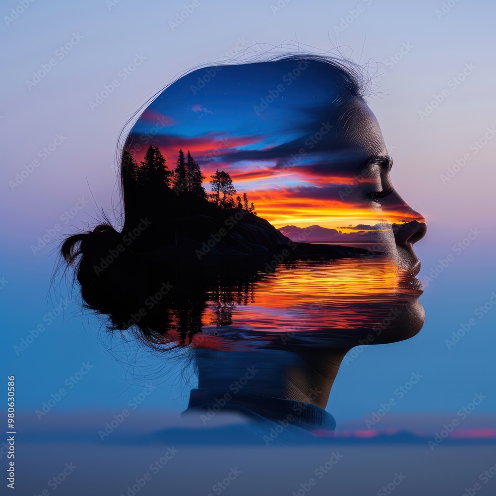 Double Exposure of Woman and Sunset Landscape Double Exposure of Woman and Sunset Landscape