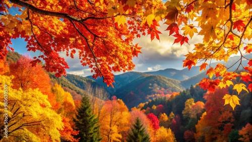 Golden hues of amber, crimson, and orange leaves cascade through the crisp autumn air, drifting gently to the ground, as nature's canvas transforms with the seasons.