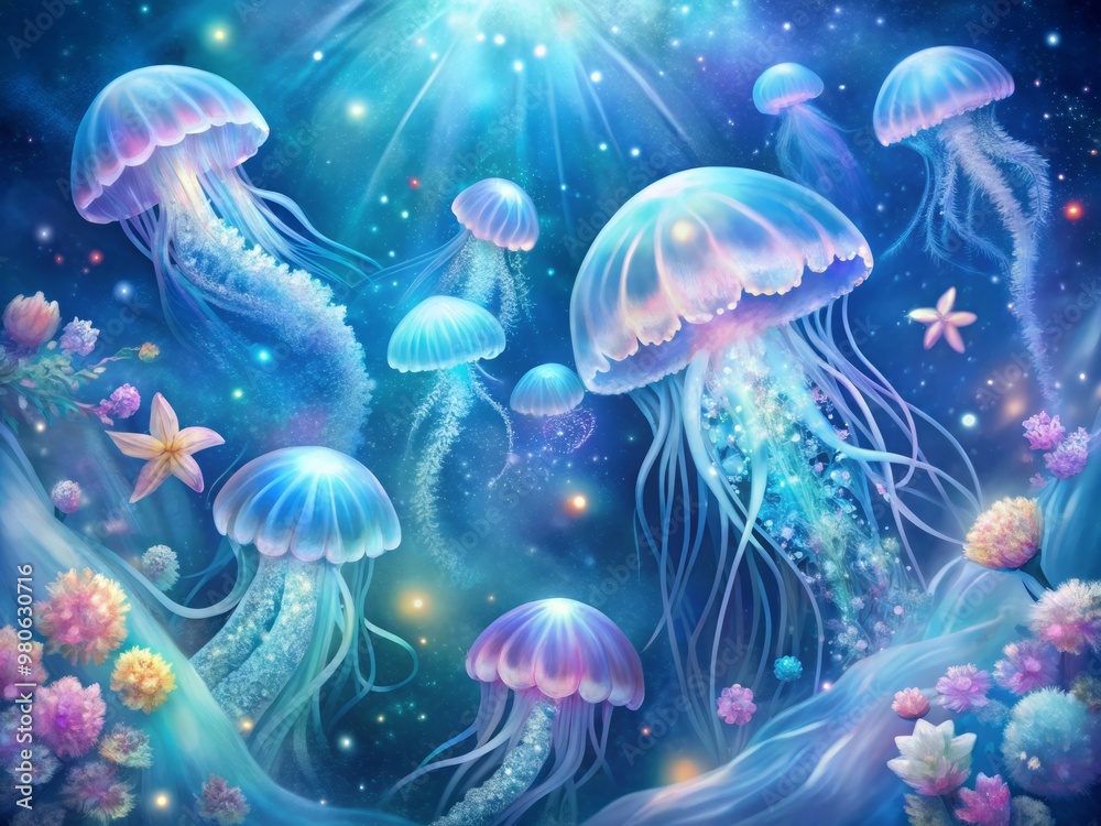 Iridescent jellyfish in pastel hues float against a soft blue ocean background, surrounded by sea anemones and sparkling stars amidst gentle waves. Iridescent jellyfish in pastel hues float against a soft blue ocean background, surrounded by sea anemones and sparkling stars amidst gentle waves.