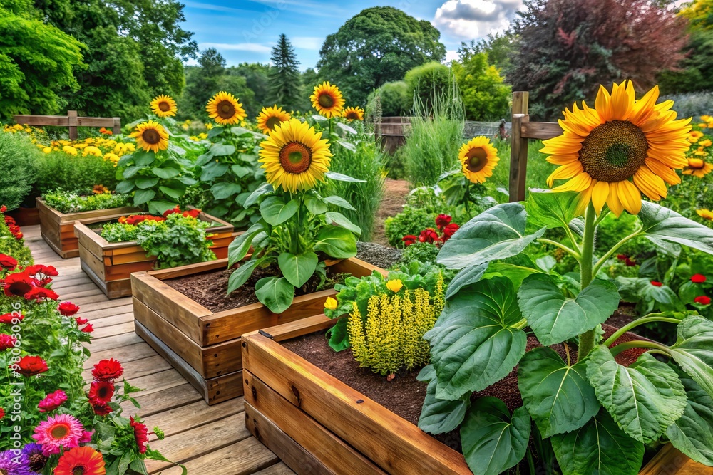Fototapeta premium Vibrant sunflowers standing tall amidst lush green annuals, surrounded by wooden raised beds filled with diverse vegetables, herbs, and flowers in full bloom.