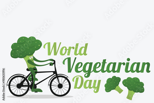 Happy broccoli character on bicycle. Vegetable Broccoli mascot. Vegetarian day poster or banner