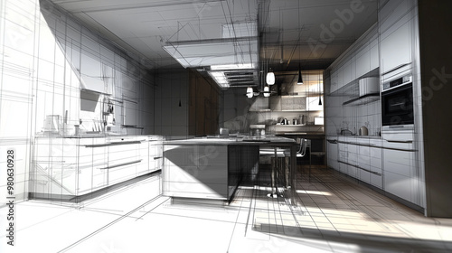 Futuristic 3D Render of Abstract Interior Kitchen Design