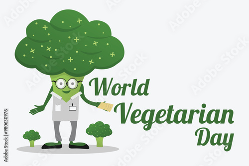 Happy broccoli character. Vegetable Broccoli mascot. Vegetarian day poster or banner