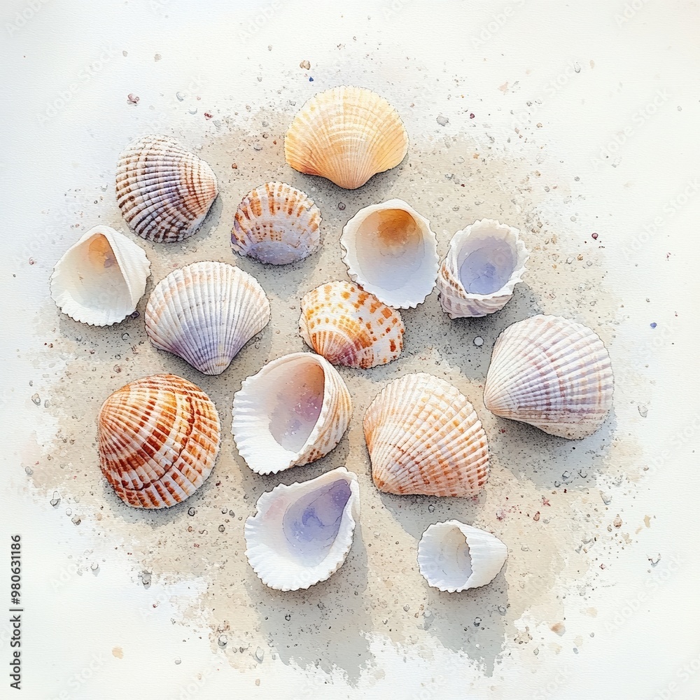 A collection of lovely pastel seashells rests gently on a soft sandy surface, evoking tranquility and natural beauty in a serene watercolor style