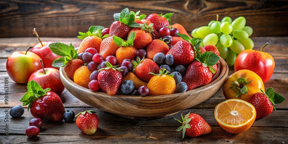 A vibrant and varied fruit bowl overflowing with juicy grapes, ripe strawberries, tangy oranges, and sweet apples, arranged on a rustic wooden table. A vibrant and varied fruit bowl overflowing with juicy grapes, ripe strawberries, tangy oranges, and sweet apples, arranged on a rustic wooden table.
