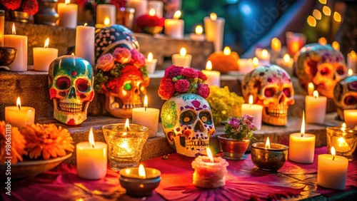 a close up of a table with candles and skulls Generative ai 