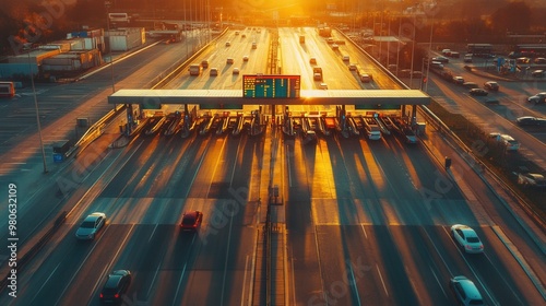 Sunset Over Highway Toll Plaza with Traffic Flow photo