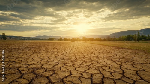 A barren, drought-ravaged landscape where once-lush fields are now dry, cracked earth, farmers struggling to survive amid the environmental catastrophe