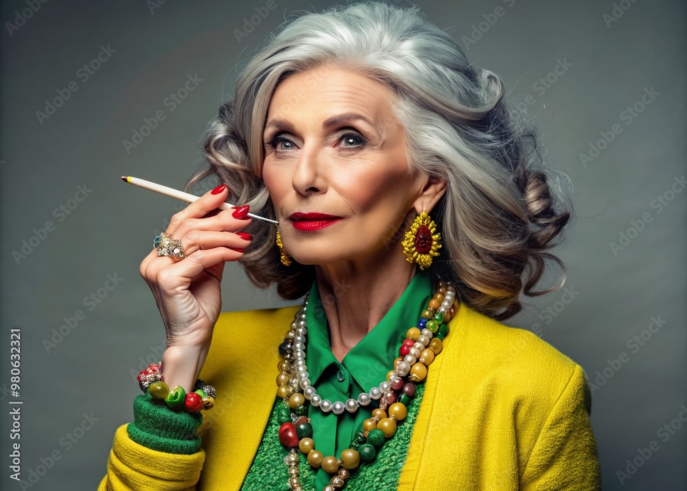 Obraz premium Beautiful stylish woman smokes cannabis or marijuana. An elegant woman with gray hair in bright clothes and jewelry with a hemp cigarette in her hands.