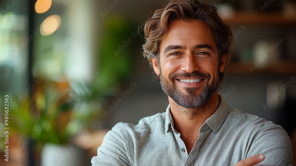 Confident Businessman Smiling at Workspace Confident Businessman Smiling at Workspace