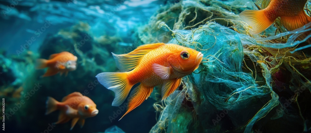 Colorful fish tangled in plastic netting under the sea, reflecting the dire consequences of pollution for marine species and their habitats Colorful fish tangled in plastic netting under the sea, reflecting the dire consequences of pollution for marine species and their habitats
