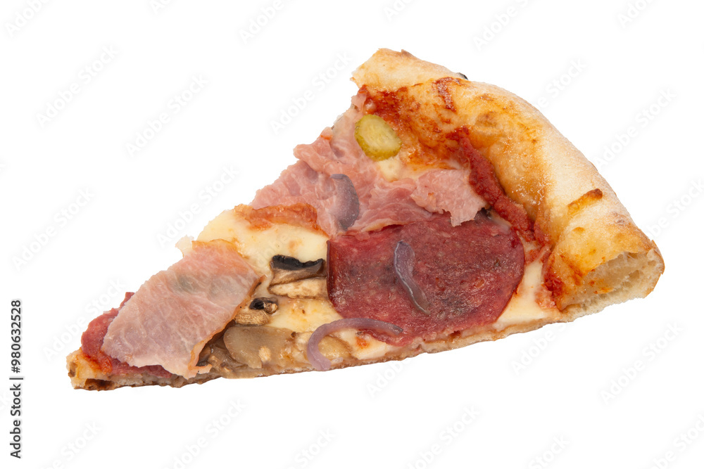 A slice of pizza bacon, ingredient becon and mozarella, isolated on white A slice of pizza bacon, ingredient becon and mozarella, isolated on white