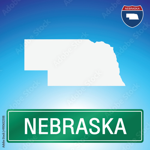 A simple road sign for Nebraska with a map of the state in the background. The sign is green with white lettering, and the map is white with a blue gradient background.