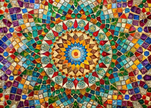 Vibrant mosaic art piece featuring small, intricate marble tiles in a kaleidoscope of colors, arranged to create a stunning, textured, abstract background with geometric patterns.