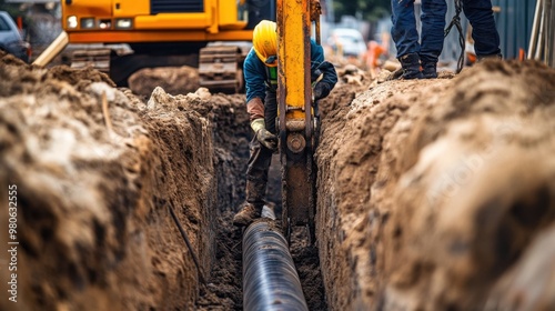 Worker installing underground pipes in a construction site surrounded by heavy machinery and dirt trenches, focused on precise pipe placement, safety gear visible