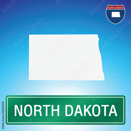 A simple road sign for North Dakota with a map of the state in the background. The sign is green with white lettering, and the map is white with a blue gradient background.
