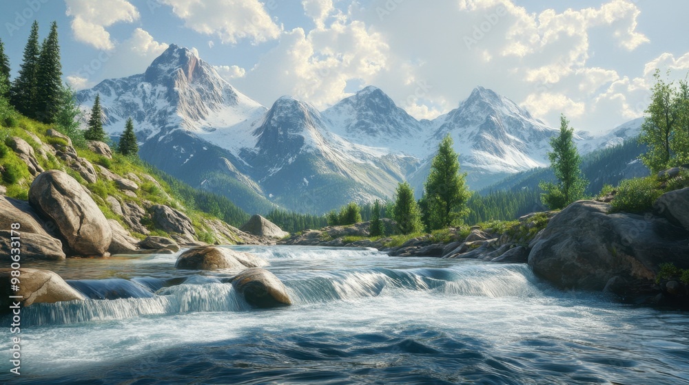 A river in the mountains, with rugged peaks in the background and crystal-clear water rushing over smooth rocks. A river in the mountains, with rugged peaks in the background and crystal-clear water rushing over smooth rocks.