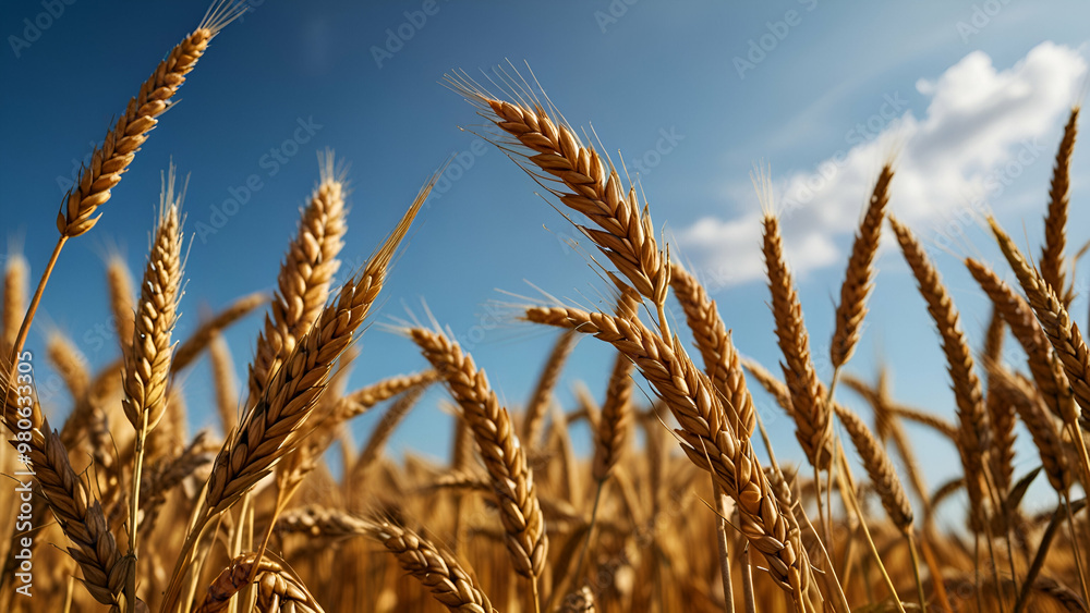 Fototapeta premium Golden wheat ears on a sunny day with a blue sky, symbolizing rich harvest.