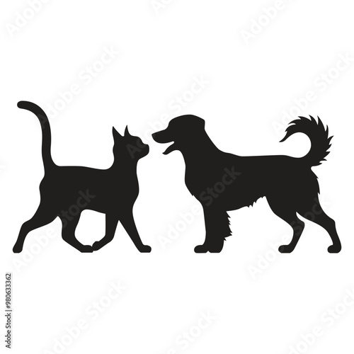 This is a simple black and white illustration of a cat & dog silhouette.